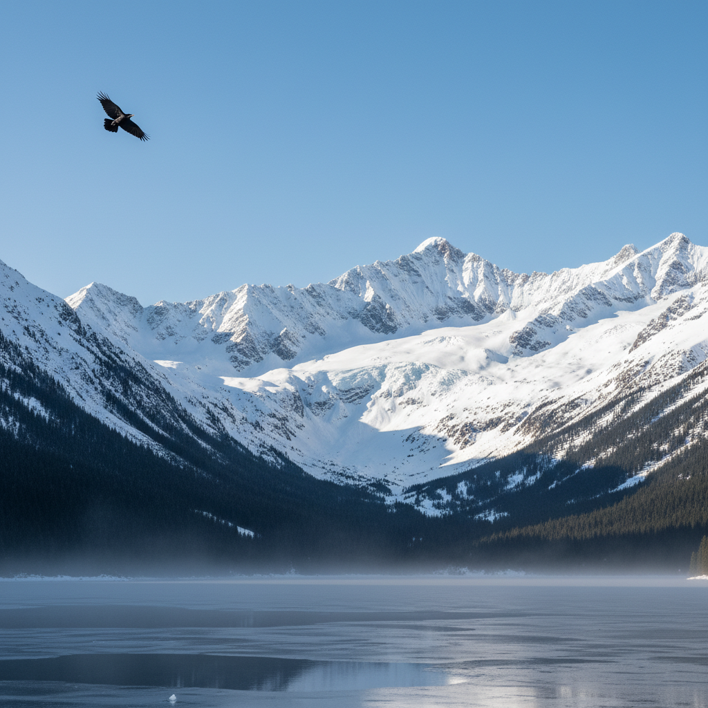 Mountain landscape with crow flying in blue sky