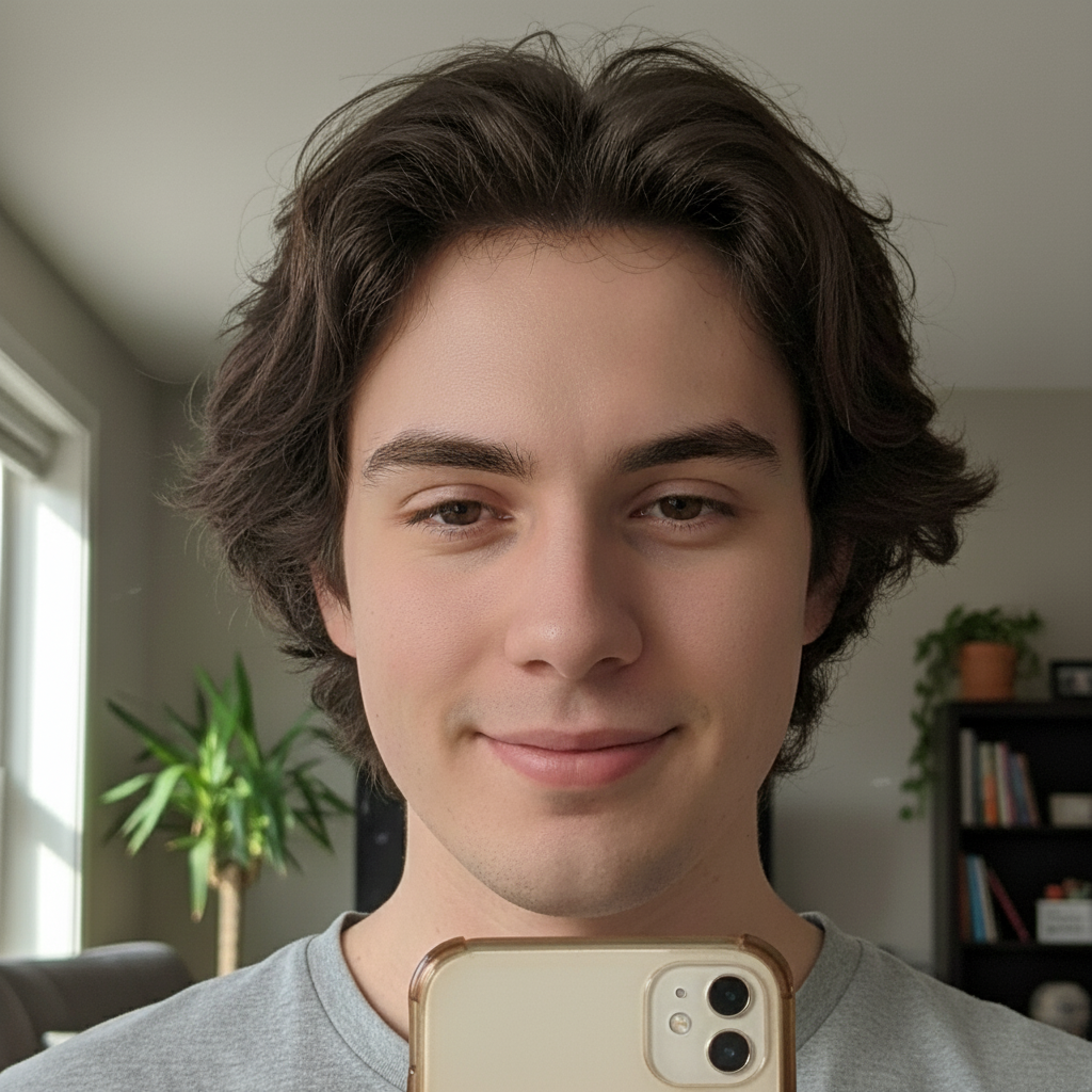 Selfie with forehead birthmark removed naturally