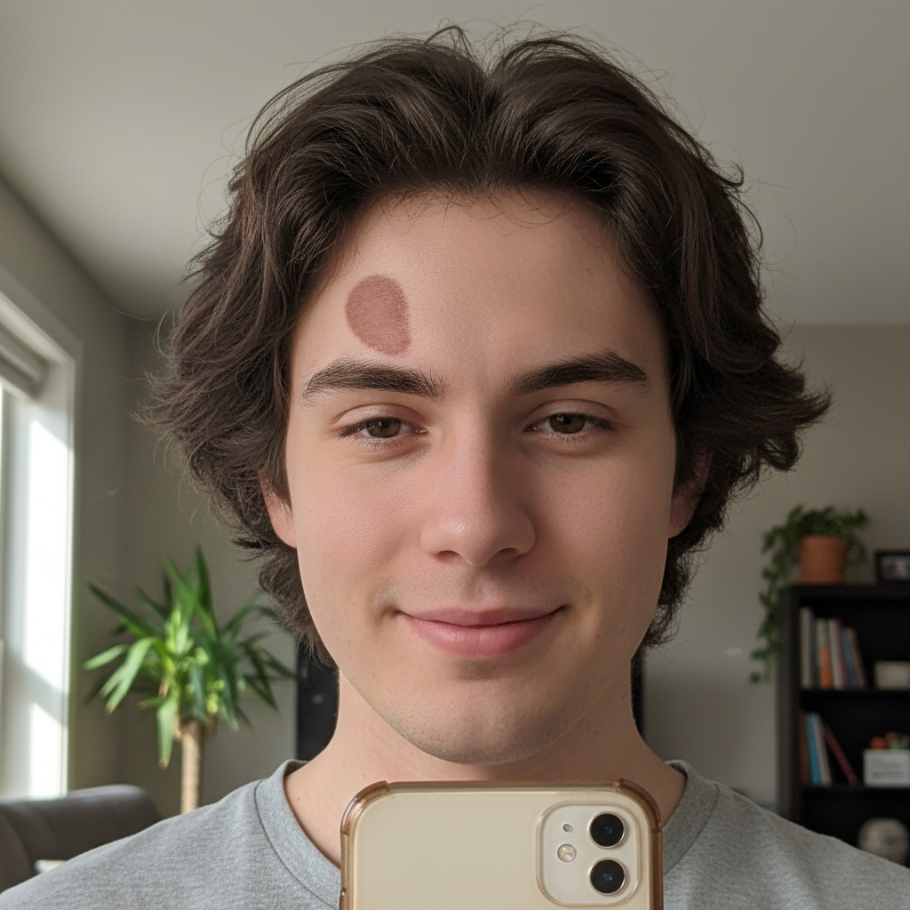 Selfie with reddish-brown birthmark visible on forehead