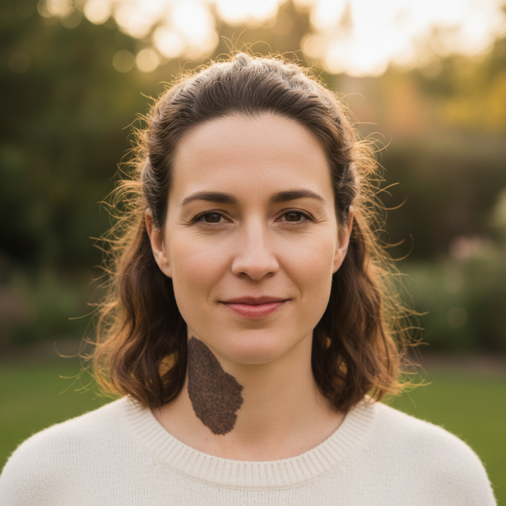 Portrait with large dark birthmark visible on neck