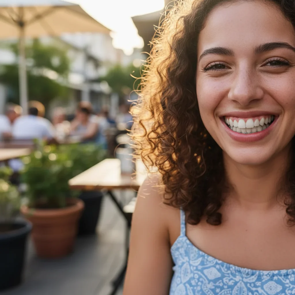 Wedding guest with natural white teeth