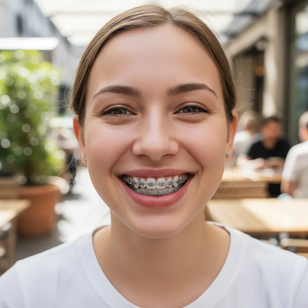 Selfie showing colorful braces with bands