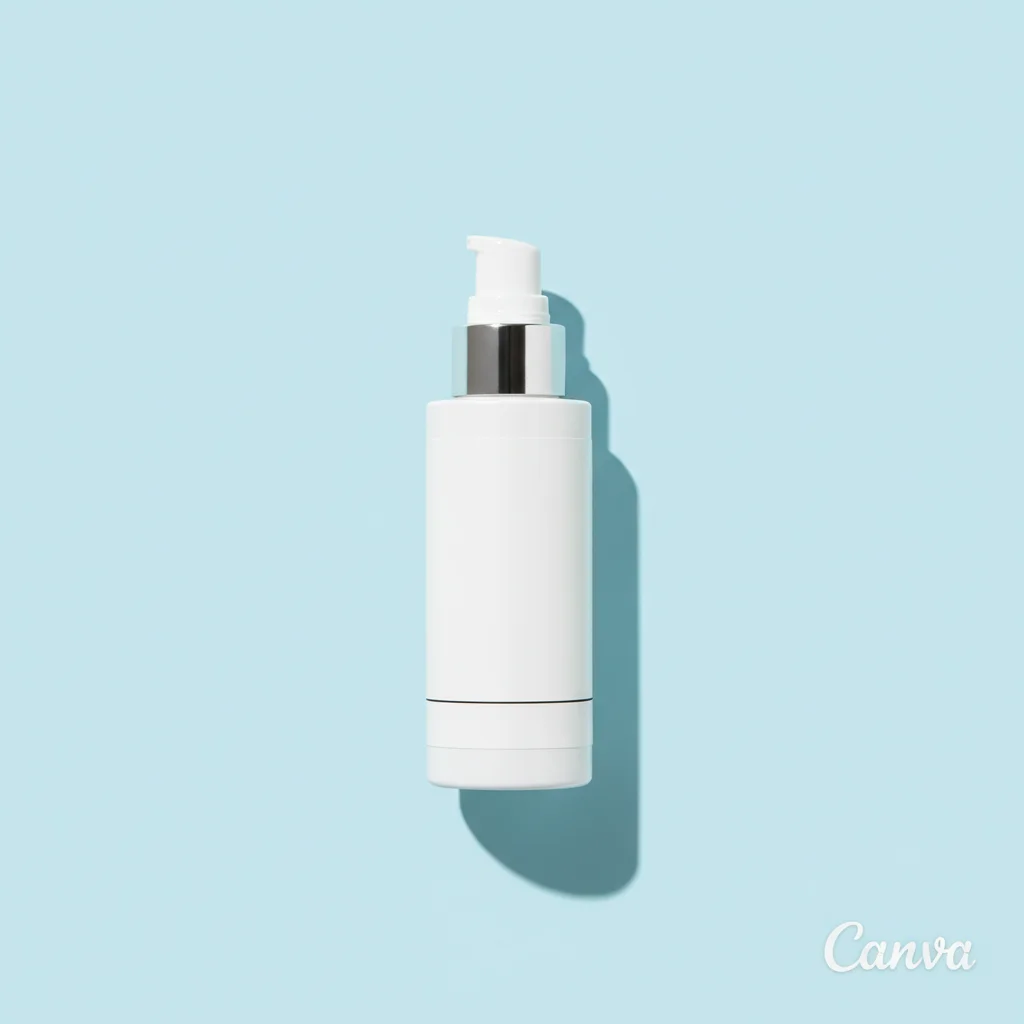 Skincare bottle graphic on pale blue with a small Canva watermark in the corner