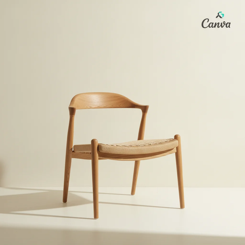 Wooden chair against a cream wall with a Canva mark in the top-right corner