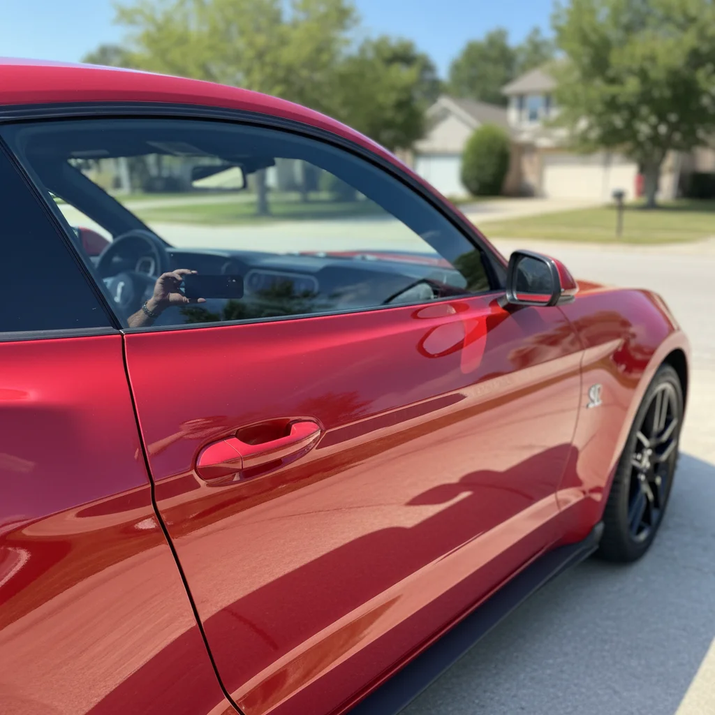 Red quarter panel with multiple scratches