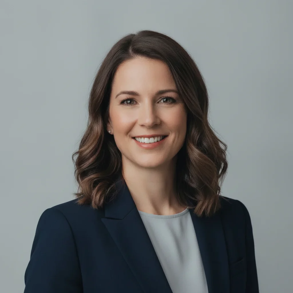Same headshot with the company logo removed and grey background restored