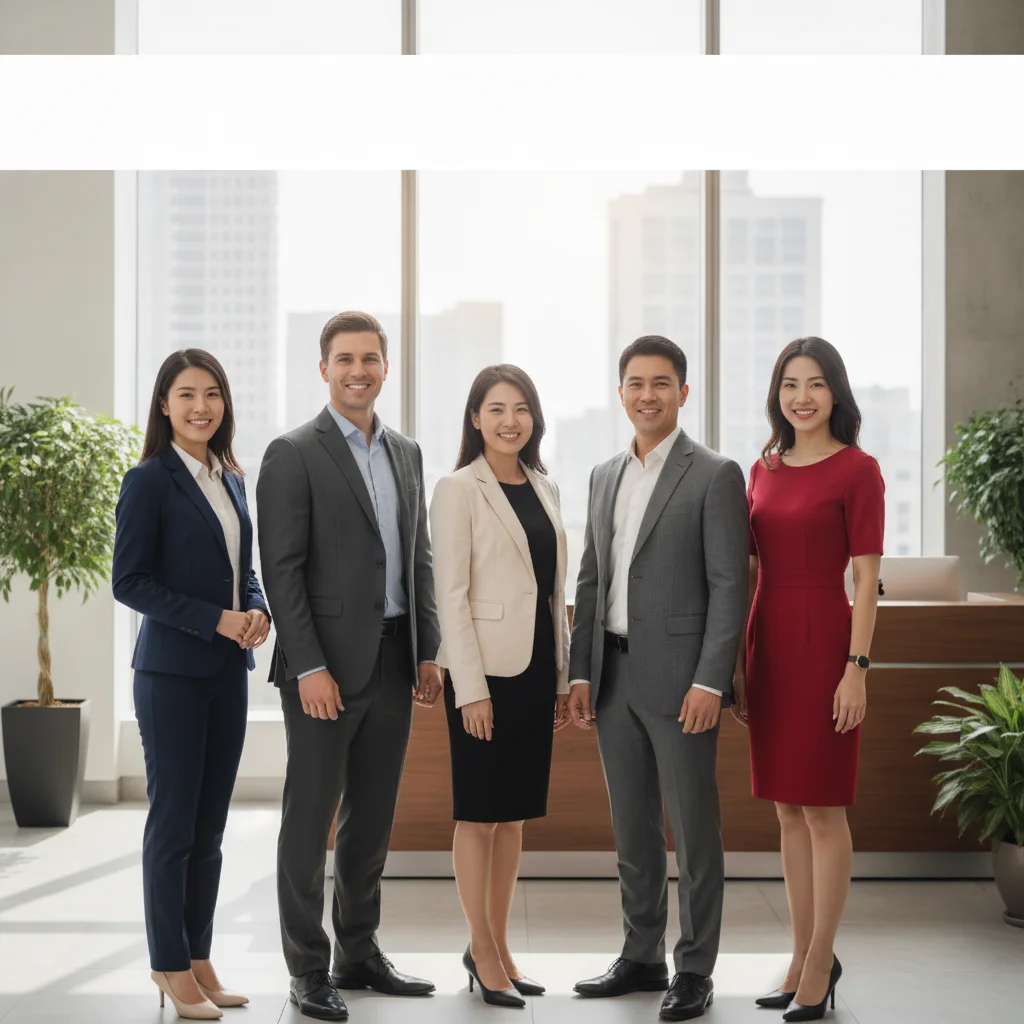 Team photo with a company logo and name banner across the top