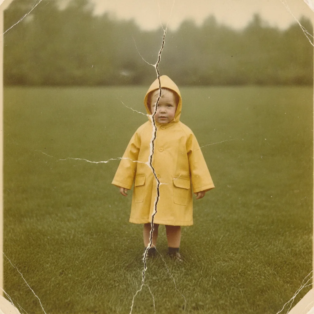 Old outdoor photo split by one wide deep crack down the center