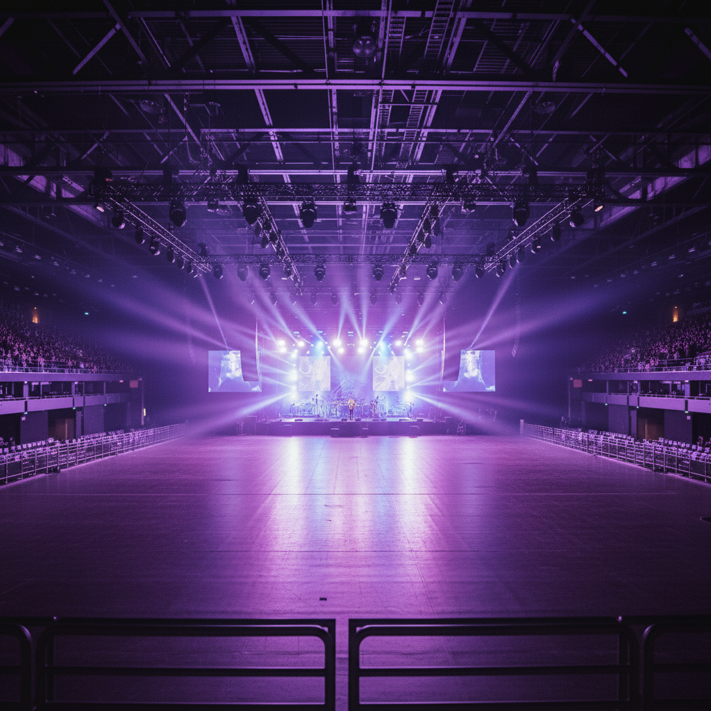 Empty concert venue floor with stage lighting visible