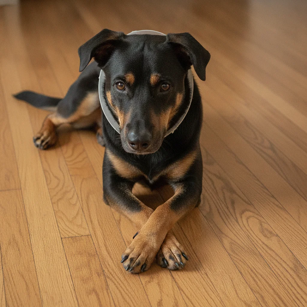 The same dog with the toy removed and the floor rebuilt, the pet unchanged