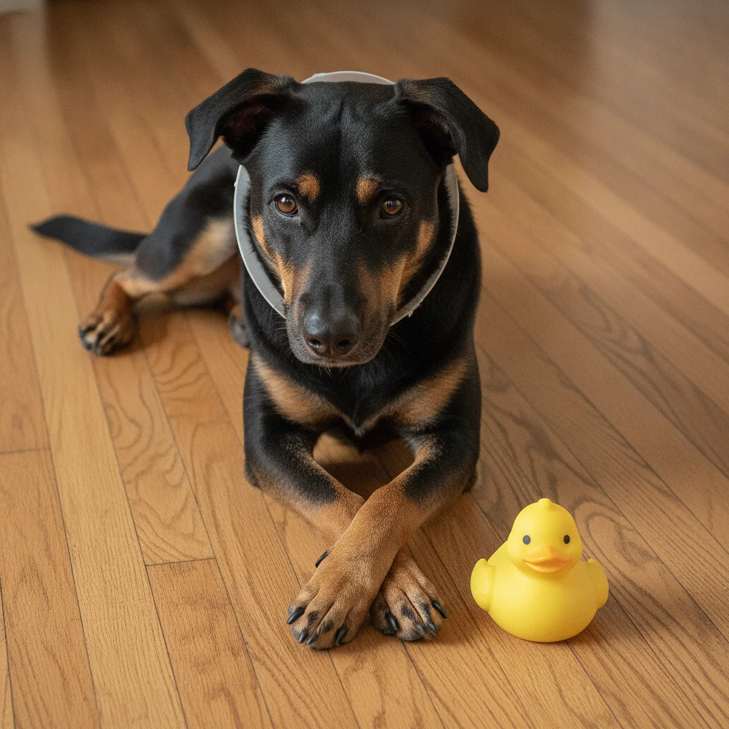 Dog lying on a wooden floor with a bright yellow toy beside it