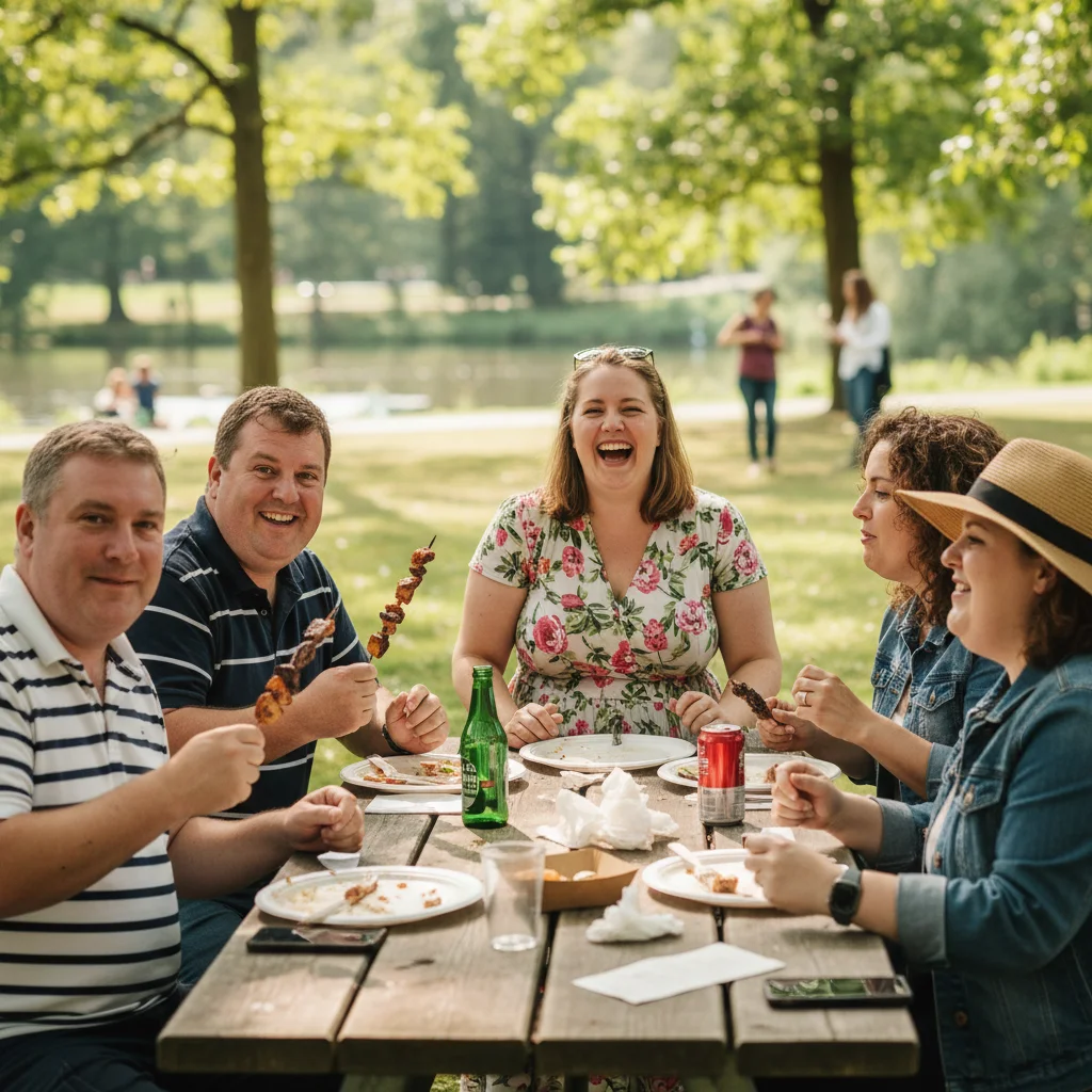 Wedding guest with chin visible from laugh angle