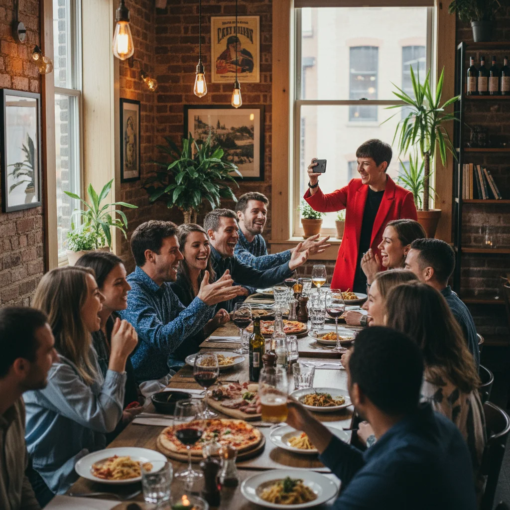 Group of five friends at restaurant table with one person in red jacket