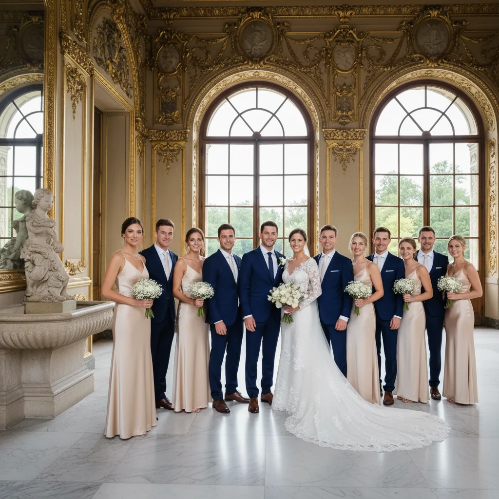 Wedding party photo with unwanted person removed, natural spacing maintained