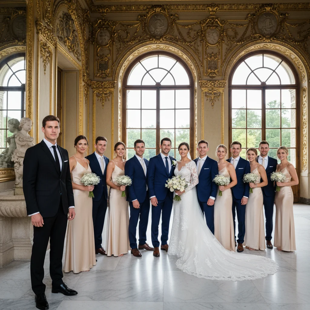 Wedding party group photo with man in black suit on left side