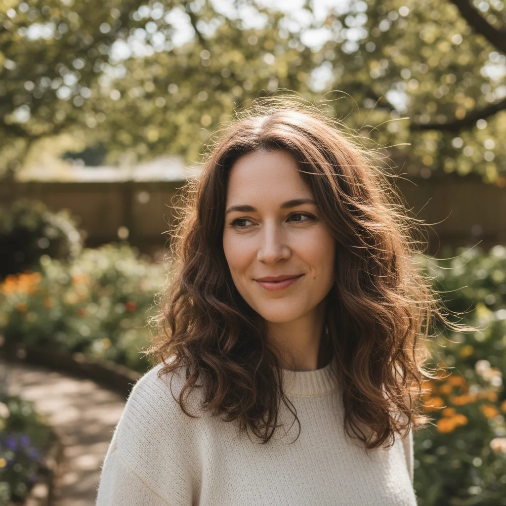 Professional headshot with visible stray hairs against gray backdrop
