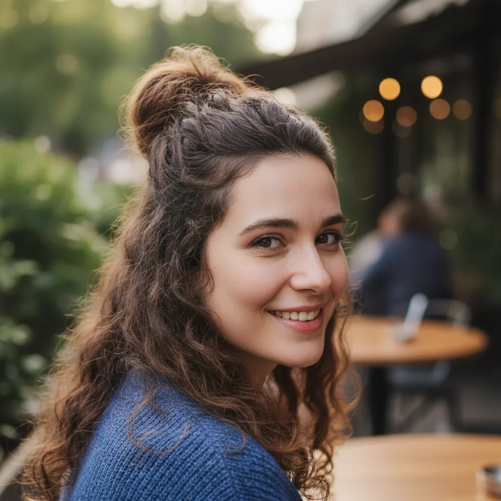 Same portrait with flyaways smoothed, curls intact