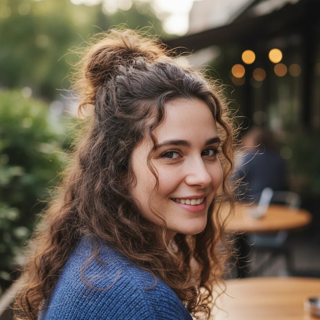 Curly-haired woman with visible frizzy flyaway hairs