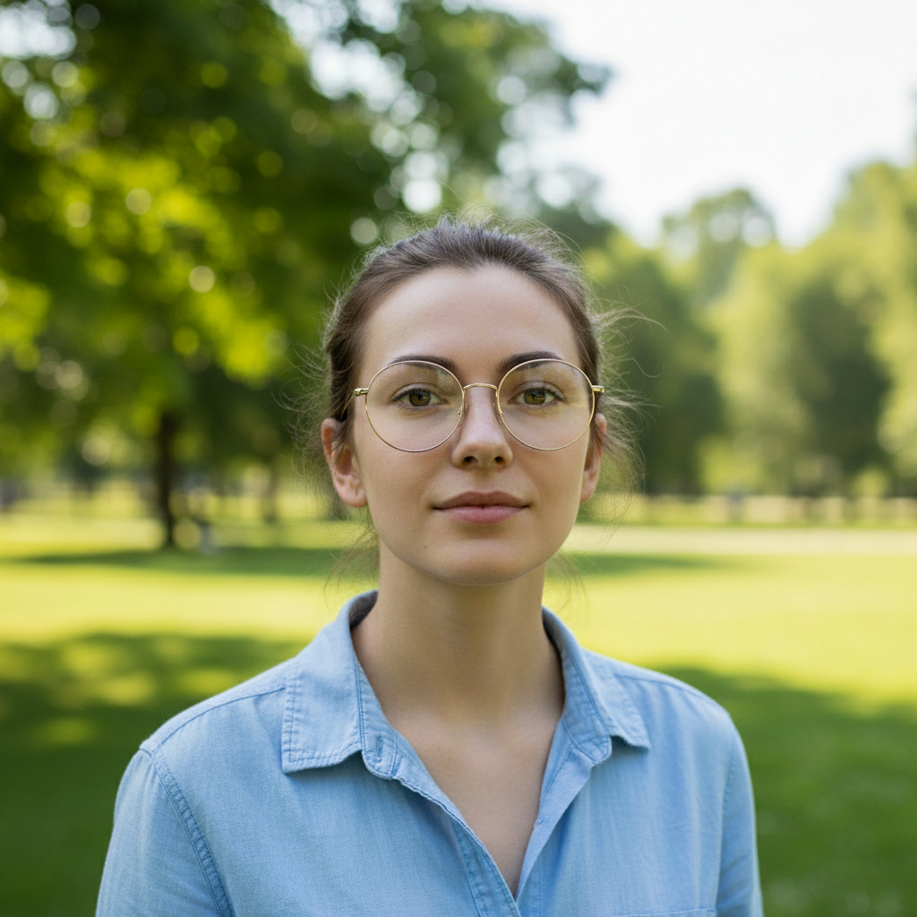 Same portrait with clear glasses showing natural eyes, no reflection