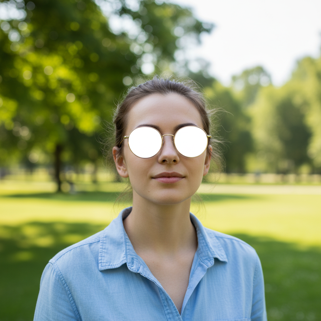 Outdoor portrait with sky reflection visible in glasses lenses