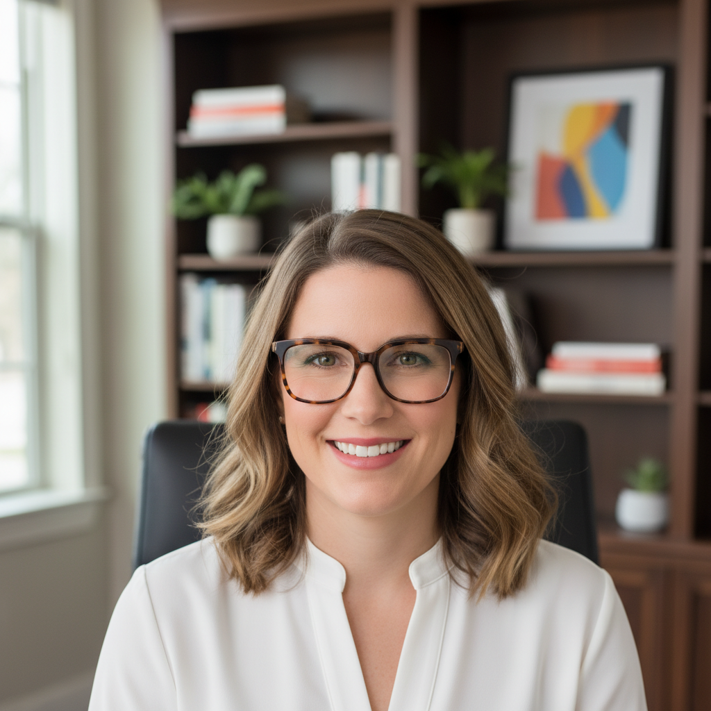 LinkedIn headshot with computer screen reflection visible in glasses