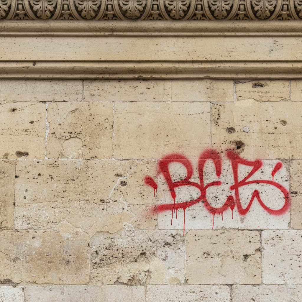 Restored limestone wall with graffiti removed and aged patina preserved