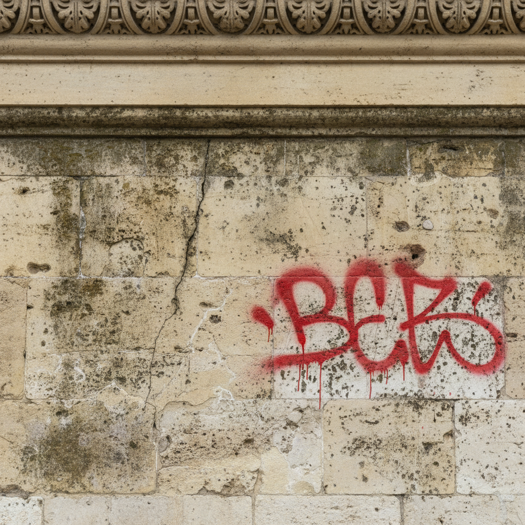 Historic limestone wall with red spray paint graffiti tag