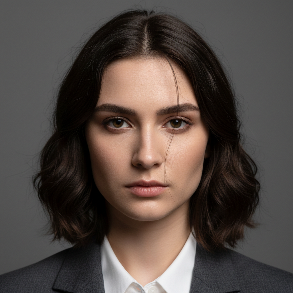 Professional headshot with a hair strand crossing over the right eye