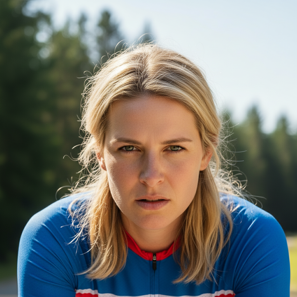 Same portrait with bike helmet removed, blonde hair visible