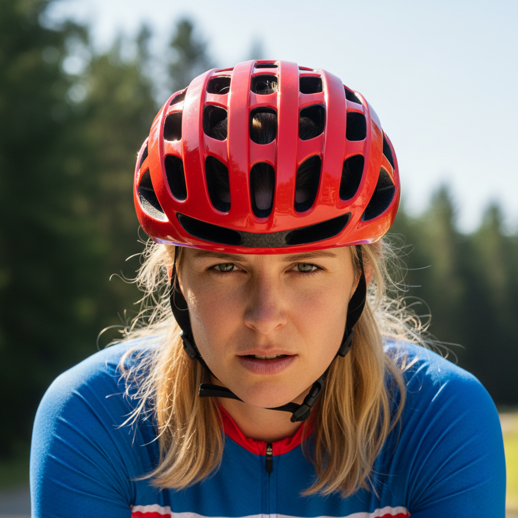 Cyclist wearing red bicycle helmet with visible straps
