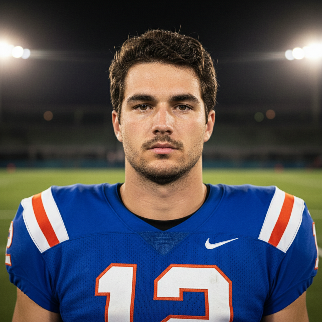 Same portrait with helmet removed, short black hair visible