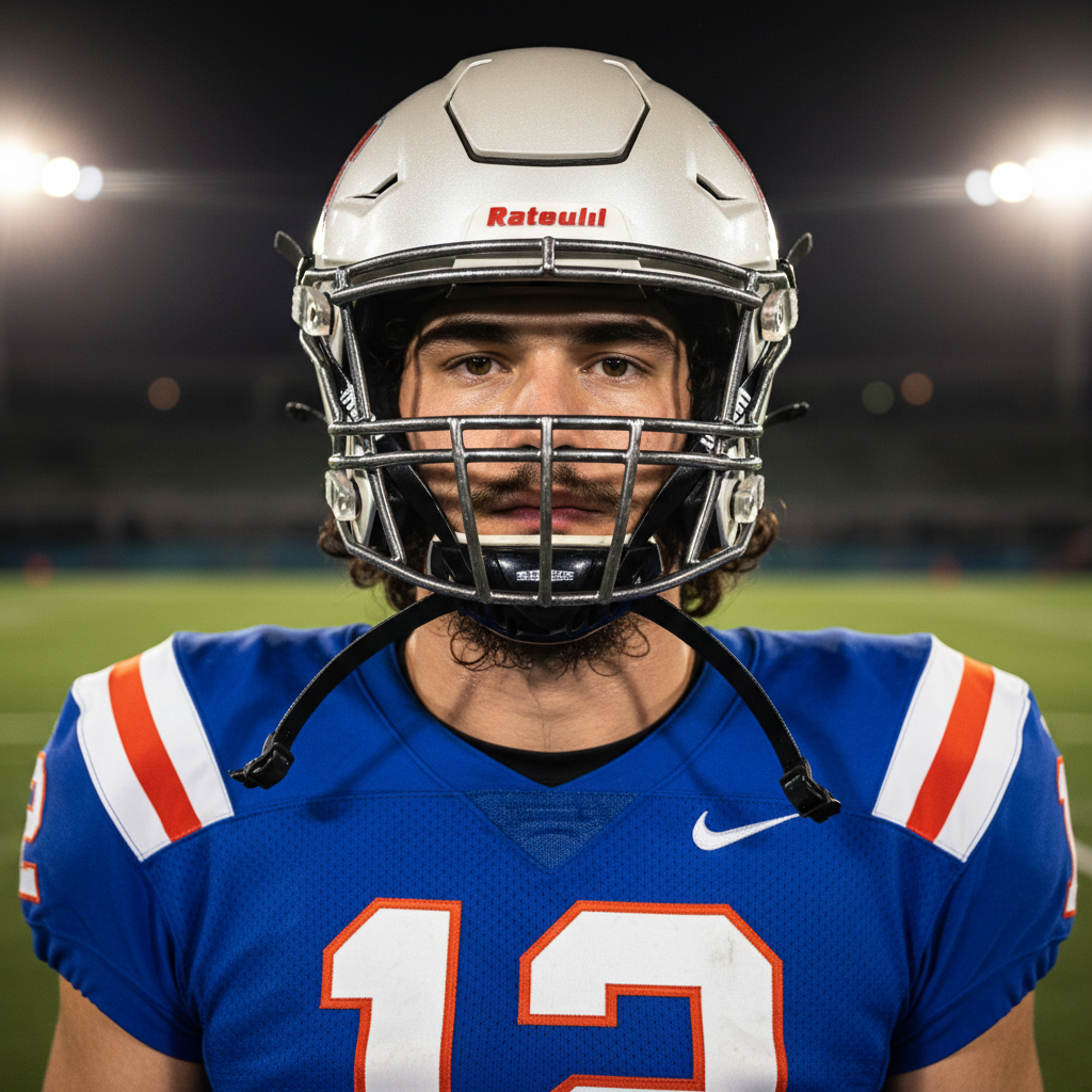 Football player wearing white helmet with facemask