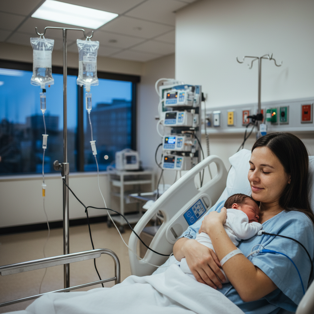 Mother and newborn surrounded by hospital equipment