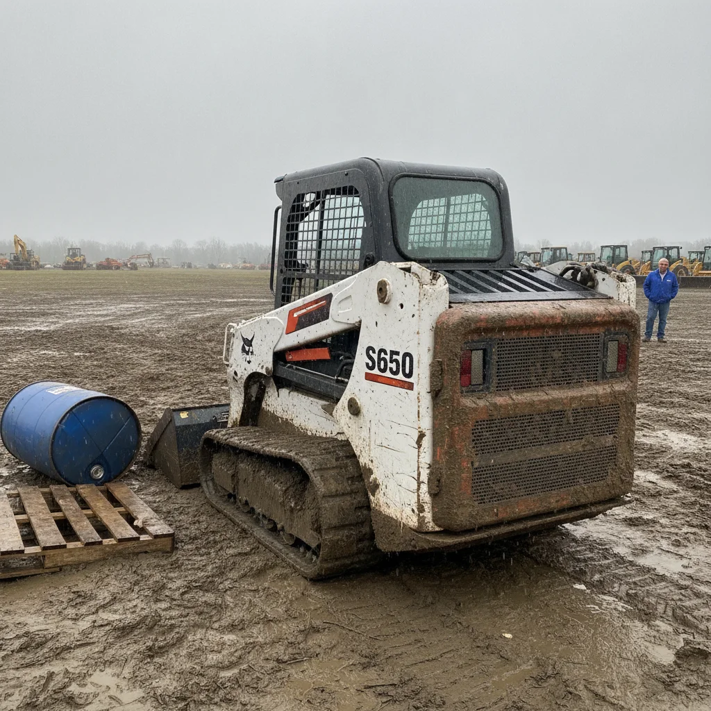Mud-caked compact track loader on a wet churned lot with an oil drum, wooden pallets, a bystander and a row of other machines behind it
