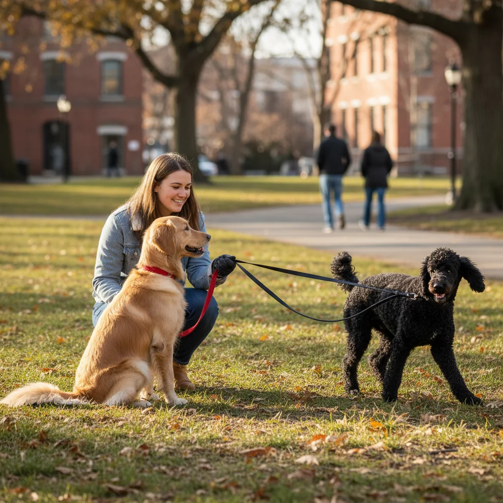 Black lab on beach with blue leash visible