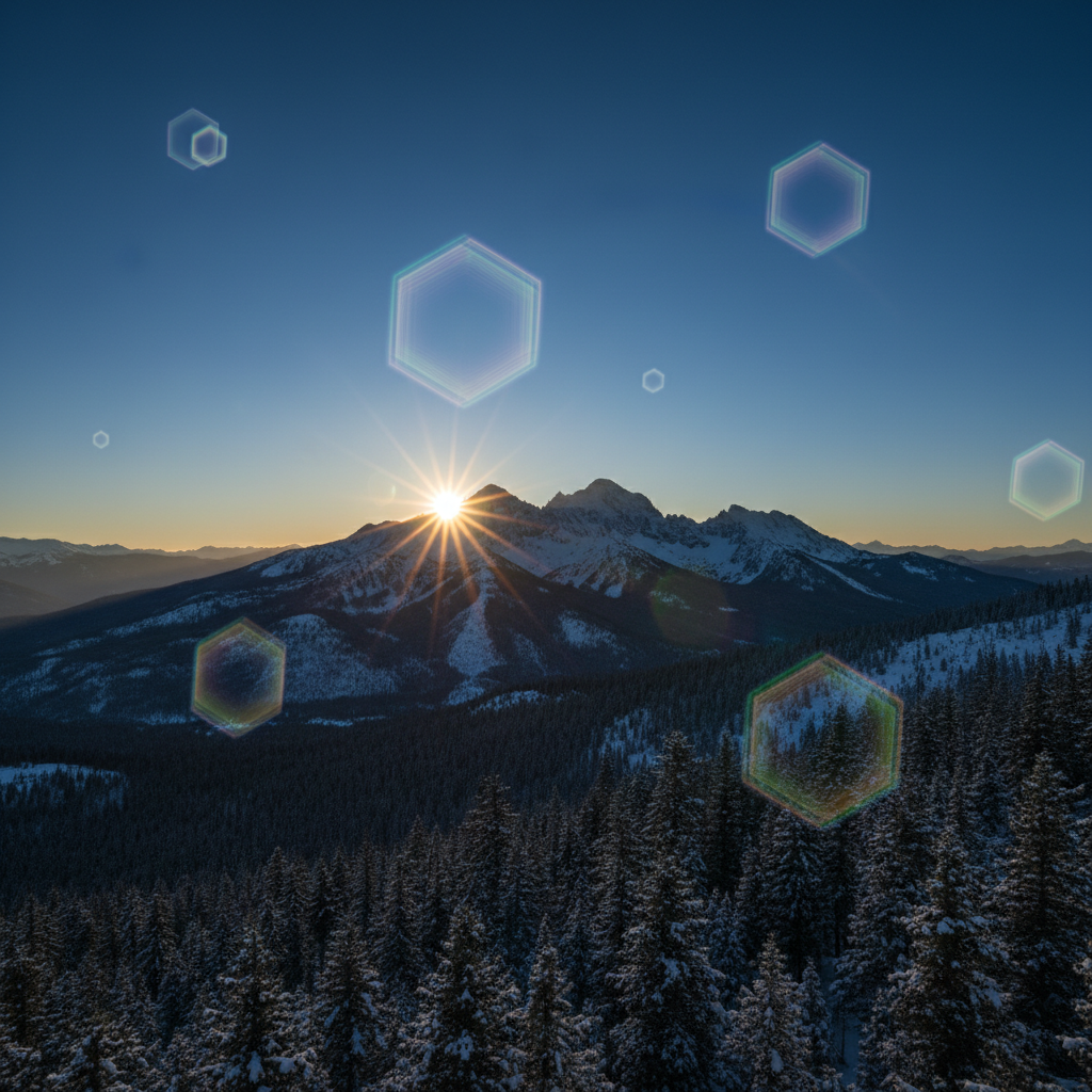 Mountain landscape with multiple hexagonal lens flare artifacts
