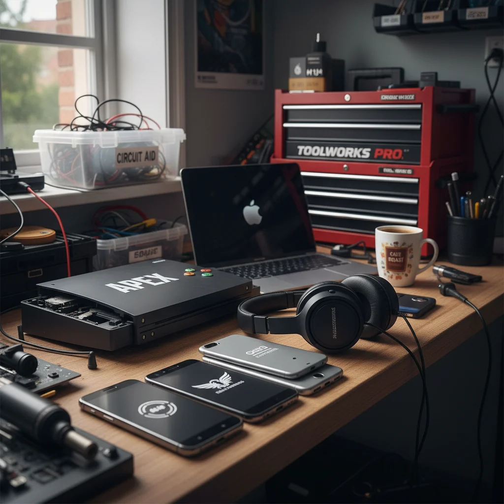Brick building wall with red corporate logo