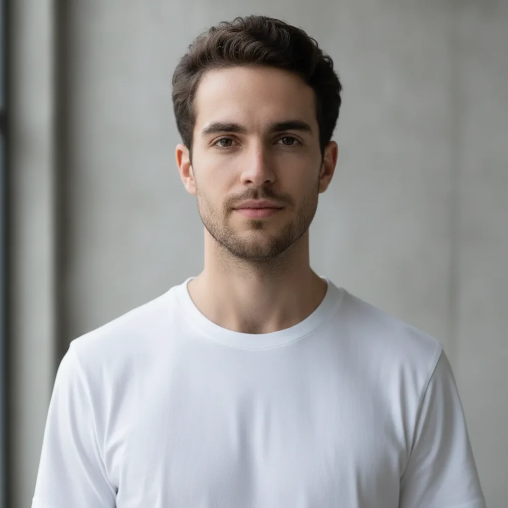 Same man wearing plain white t-shirt with logo removed