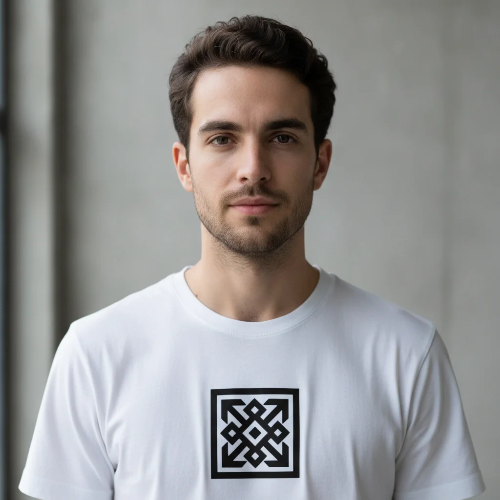 Man wearing white t-shirt with large black chest logo