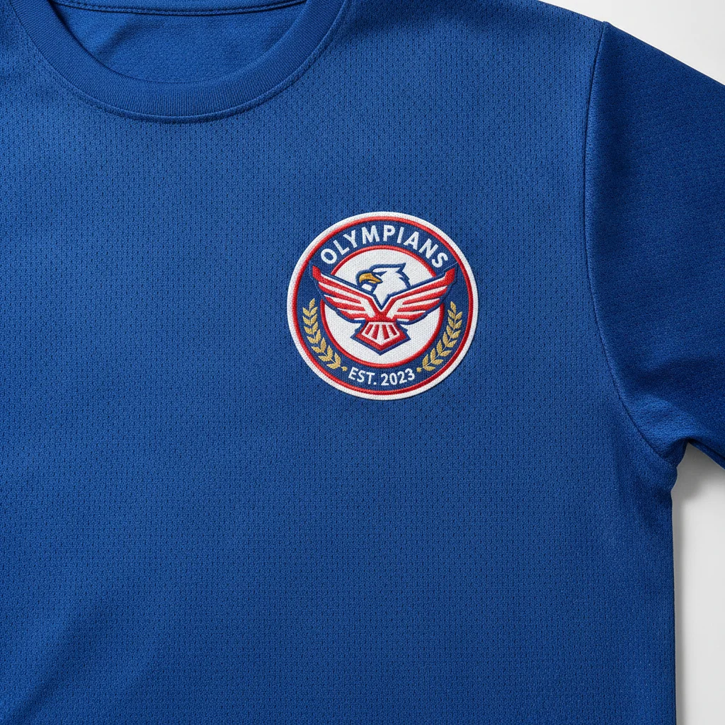 Blue sports jersey flat-lay with a circular team logo on the chest