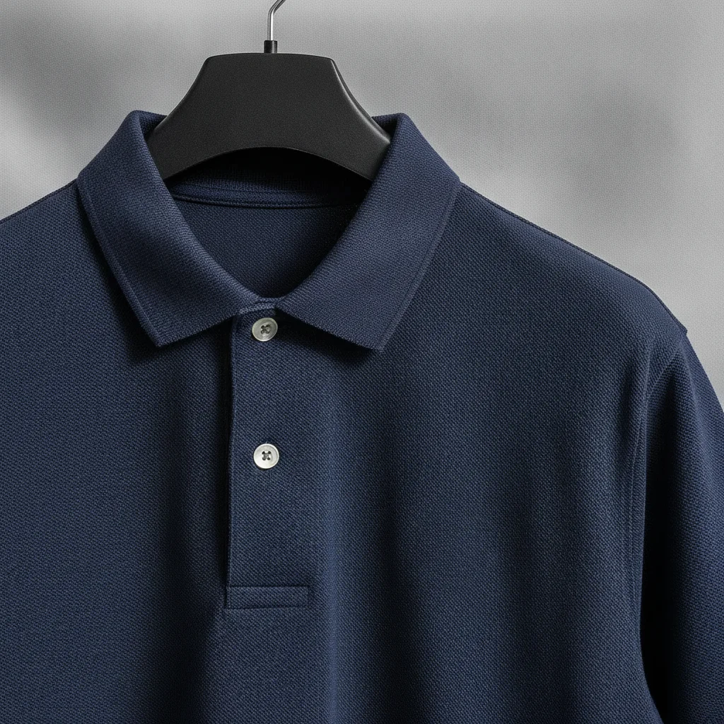 Same navy polo with the chest logo removed showing clean pique fabric
