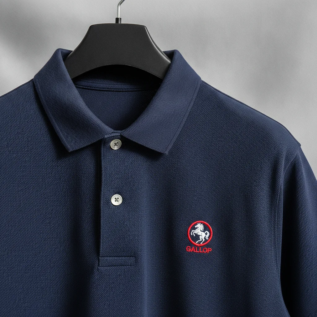 Navy polo shirt with small red embroidered logo on left chest
