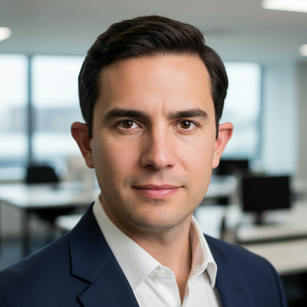 Same professional portrait with mask removed, showing natural face