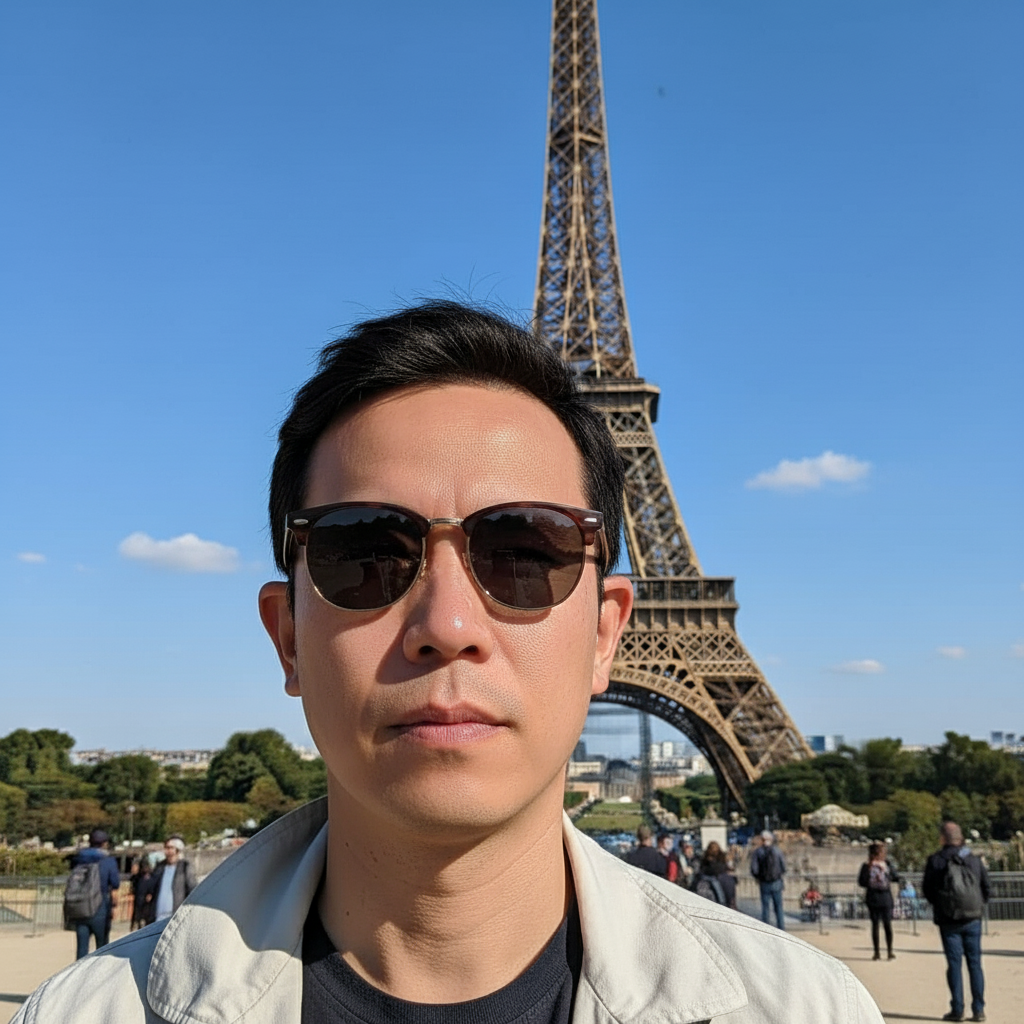 Same travel photo with N95 mask removed, full face visible