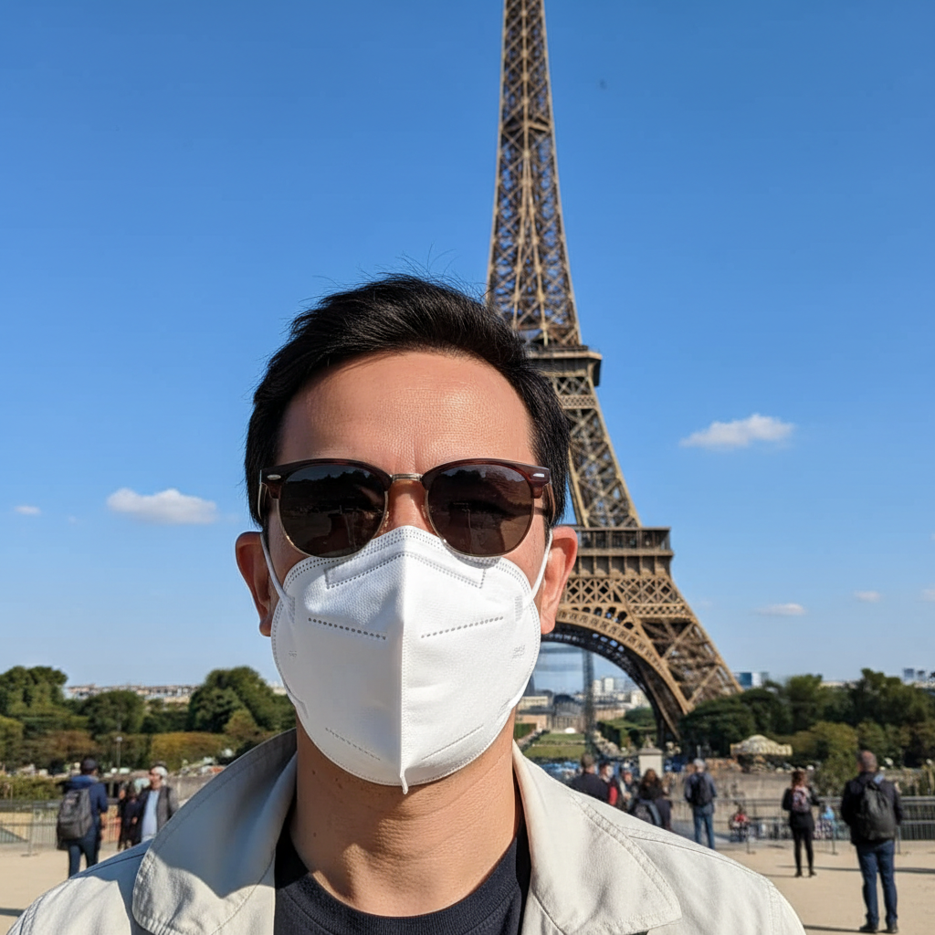 Tourist wearing white N95 mask at landmark