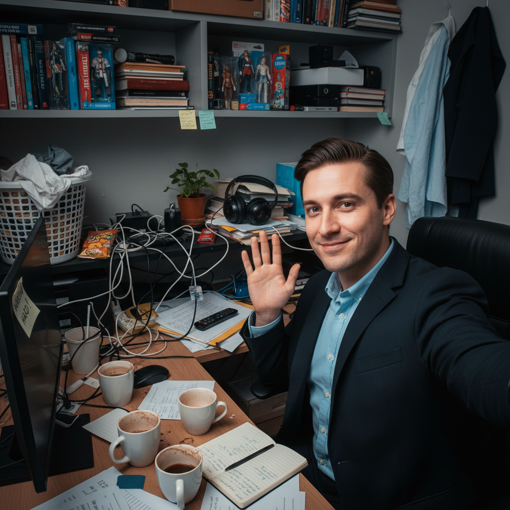 Selfie with messy home office background