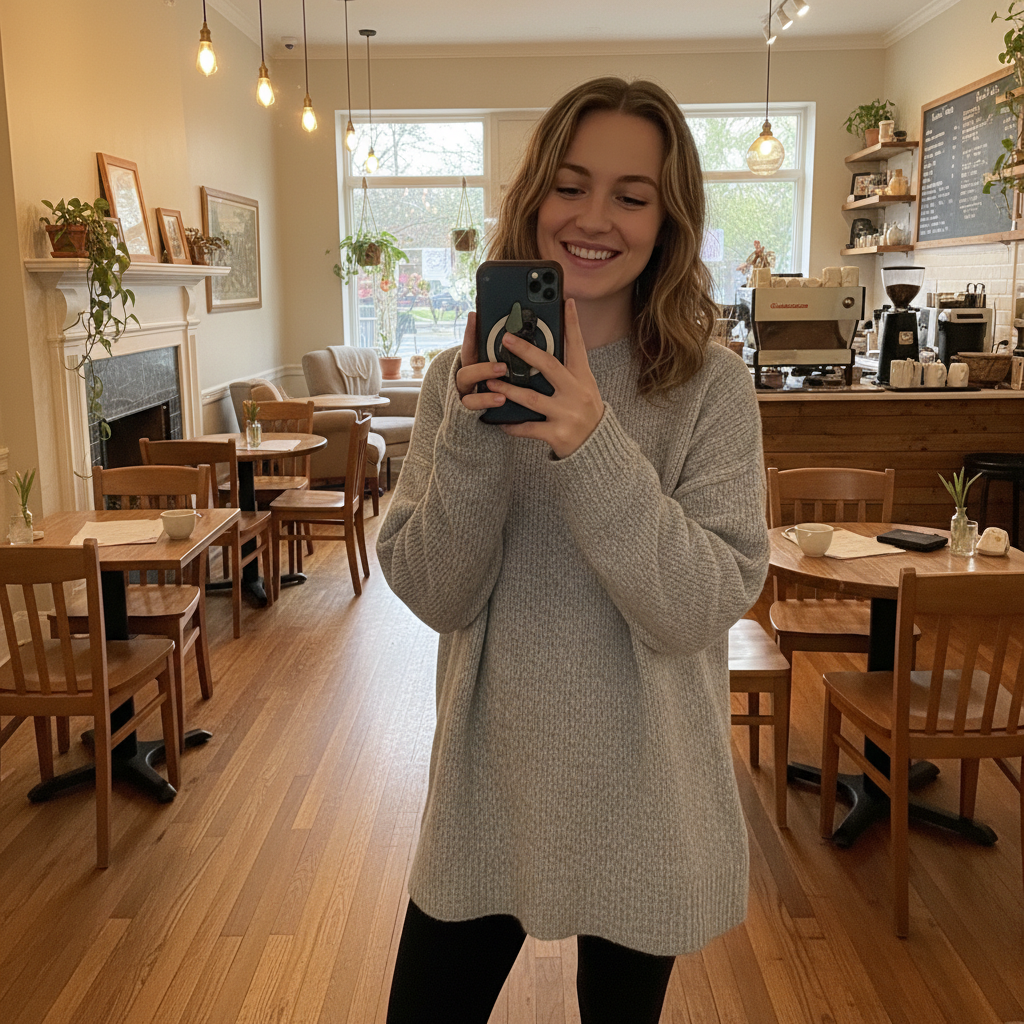 Selfie with cozy coffee shop background