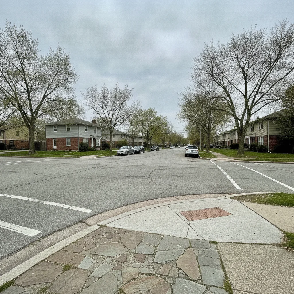 The same corner with the cone gone and the pavement and curb rebuilt