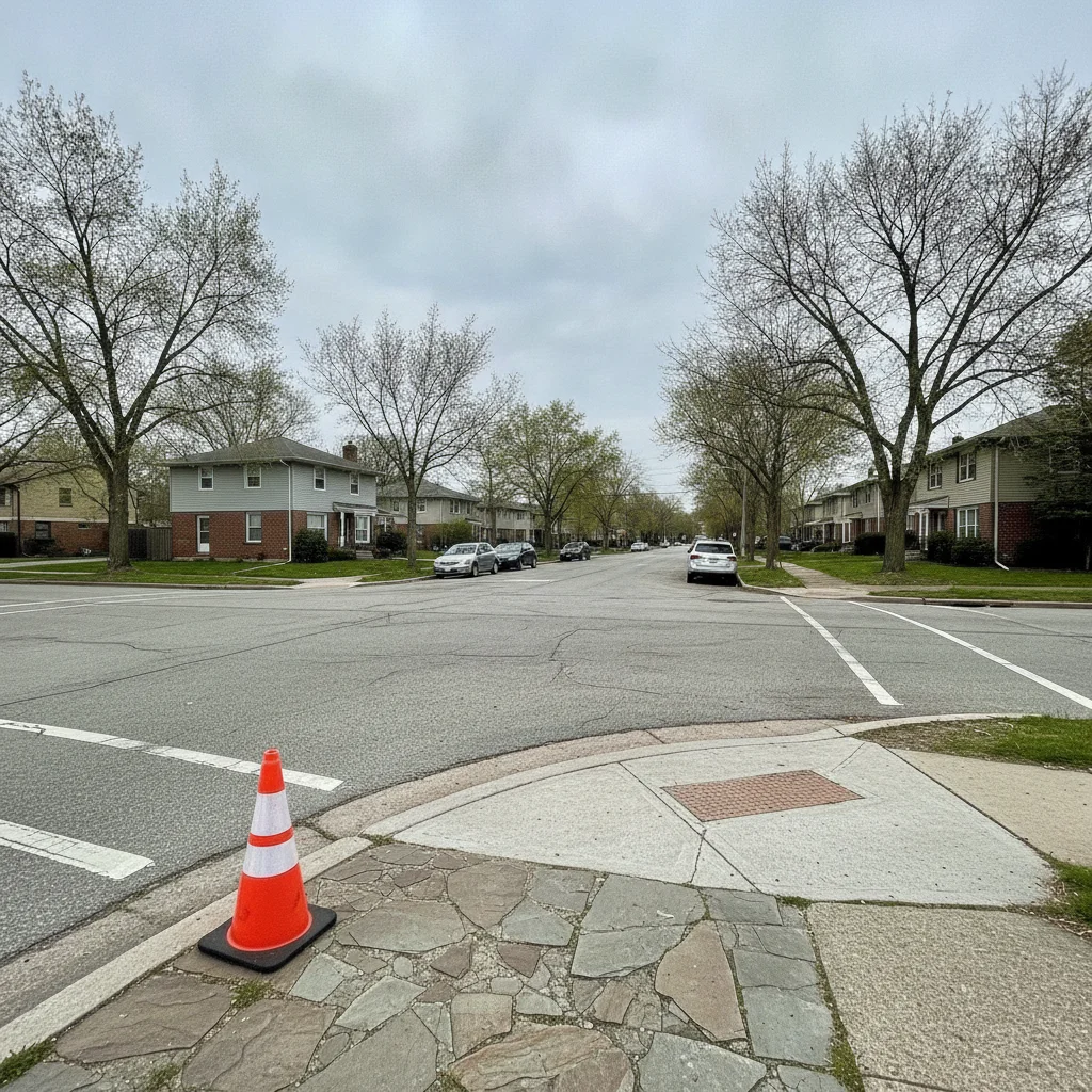 Street corner with an orange traffic cone near the lower-left
