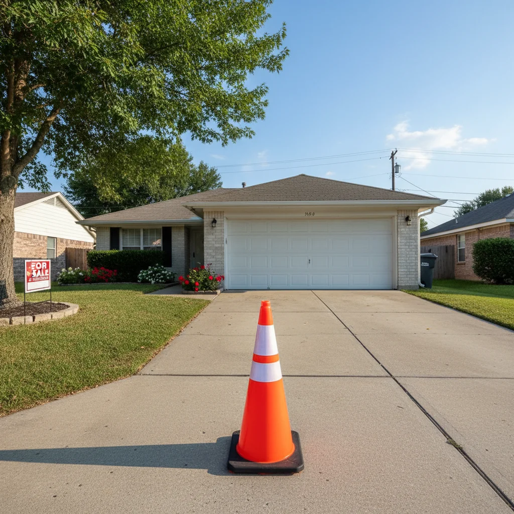 House driveway with orange traffic cone